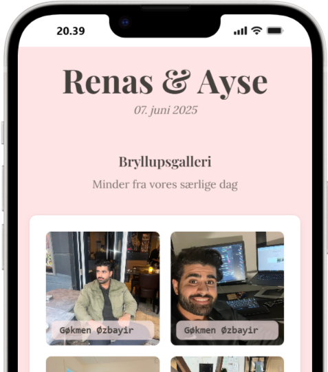 Photo gallery displaying uploaded wedding photos in a responsive grid with guest names
