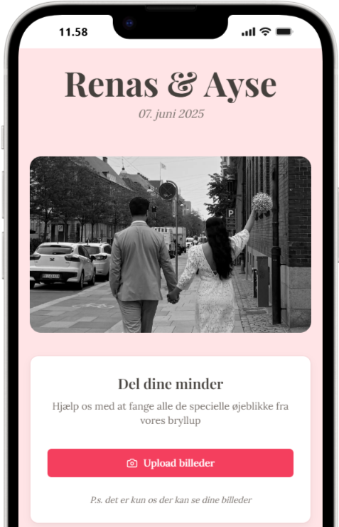 Wedding photo sharing app home page with welcome message and upload button