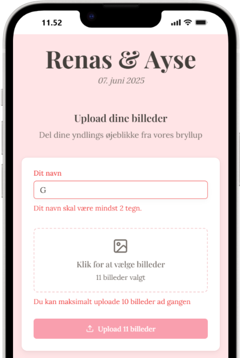 Photo upload page showing name input field and file selection with validation